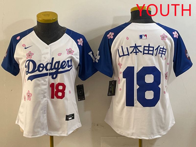 Youth Los Angeles Dodgers #18 Yamamoto White Blue Sakura Edition 2025 Nike MLB Jersey style 15